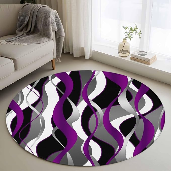 Washable Round Area Rug Abstract Purple Gray Black White Stripes Circle Rugs Floor Carpet for Living Room Bedroom, Modern Lines Soft Non Slip Round Rug 4ft