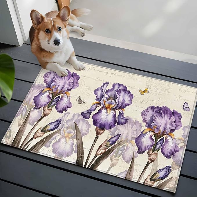 Area Rug 2x3ft, Pastoral Purple Flower Watercolor Washable Rugs for Living Room Bedroom, Country Botanical Butterflies Soft Non-Slip Area Rugs Rectangle Floor Carpet for Dining Room