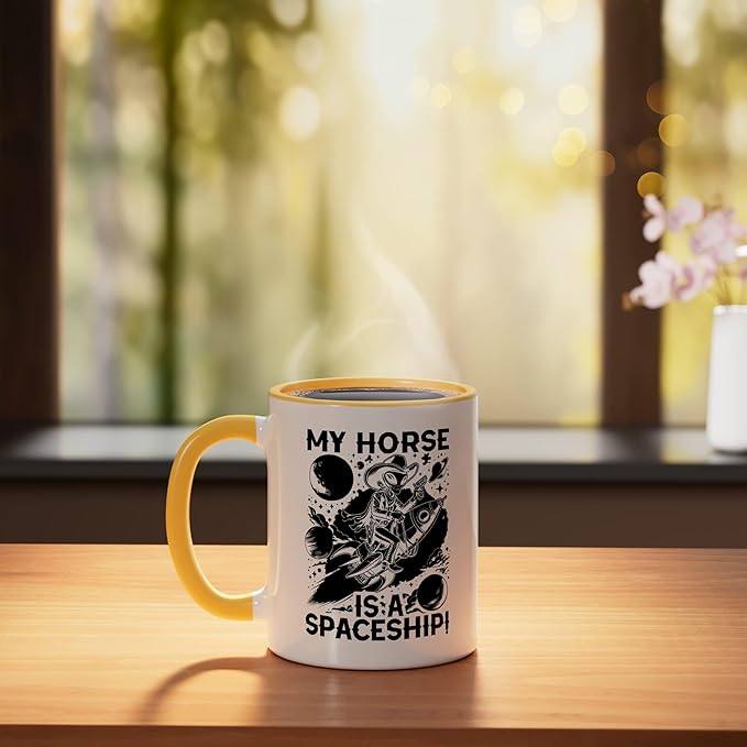 Alien Lover Flying Saucer UFO Extraterrestrial Cowboy Ceramic Mug, Yellow/White