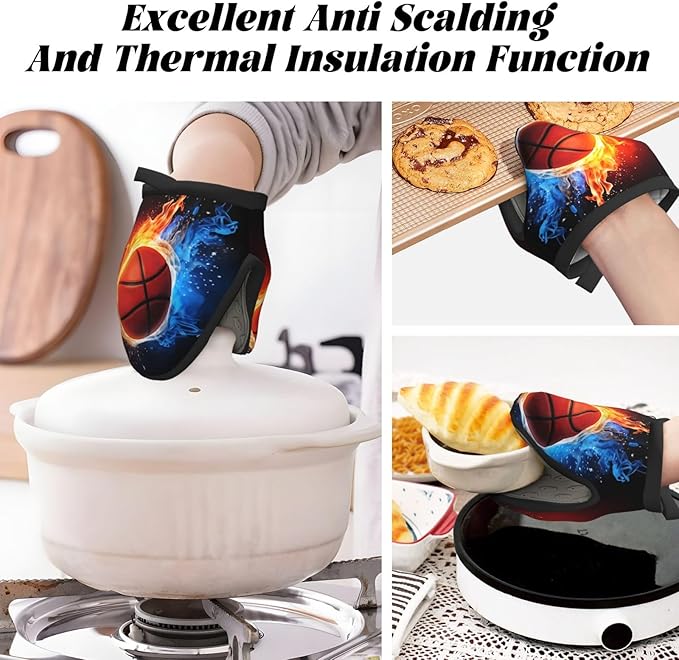 1 Pcs Mini Silicone Oven Mitts Basketball Heat Resistant Grilling Gloves with Hanging Loop, Fire and Water Short Kitchen Mittens for Cooking Baking BBQ