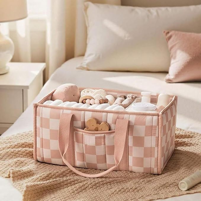 Quilted Fabric Storage Basket Floral Baby Diaper Caddy Quilted Basket for Nursery Bedroom Car Storage (L- Pink Plaid)