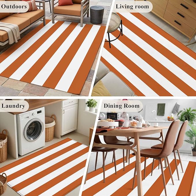 Area Rug 4x6ft, Farmhouse Classic Stripes Washable Rugs for Living Room Bedroom, Orange White Soft Non-Slip Area Rugs Rectangle Floor Carpet for Dining Room