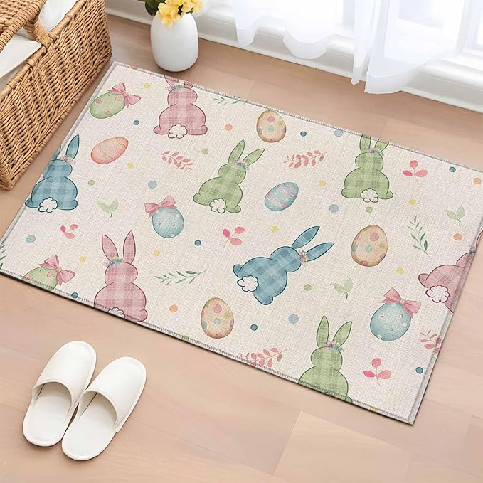 Area Rug 2x3ft, Happy Easter Cute Plaid Bunny Washable Rugs for Living Room Bedroom, Colorful Egg Leaves Farm Linen Soft Non-Slip Area Rugs Rectangle Floor Carpet for Dining Room