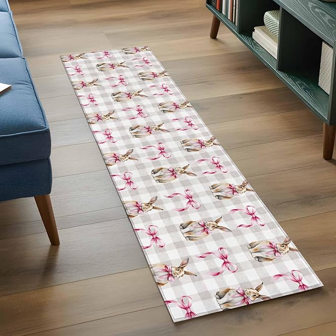 Runner Rug for Bedroom Hallway, Easter Rabbit Pink Bow Kitchen Runner Rugs Area Rug 2x6ft, Seamless Bunny Gray Buffalo Plaid Washable Soft Floor Carpet for Entryway Stair