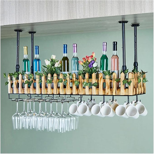 Ceiling Wine Rack Wall Mounted with Wine Glass Rack, 2-Tier Liquor Bar Bottles Display Shelf with LED Light Cups Hanging Holder for Dining Room Kitchen Living Room(Hanging,39.4x9.8x8.27in)