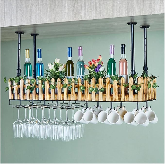 Ceiling Wine Rack Wall Mounted with Wine Glass Rack, 2-Tier Liquor Bar Bottles Display Shelf with LED Light Cups Hanging Holder for Dining Room Kitchen Living Room(Hanging,23.6x9.8x8.27in)