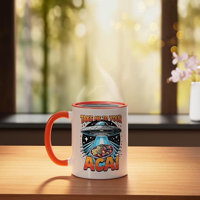 Take Me to Your Acai UFO Abduction Berry Fruit Funny Acai Ceramic Mug, Orange/White