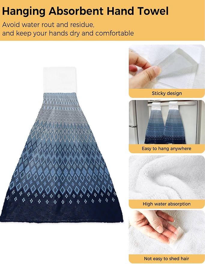 Alandar Home Kitchen Tie Towel Set of 1, Geometric Art Diamond Checker Absorbent Soft Hand Towels for Bathroom Hanging Towels, Modern Blue Ombre Gradient Fast Drying Cleaning Cloth with Loop