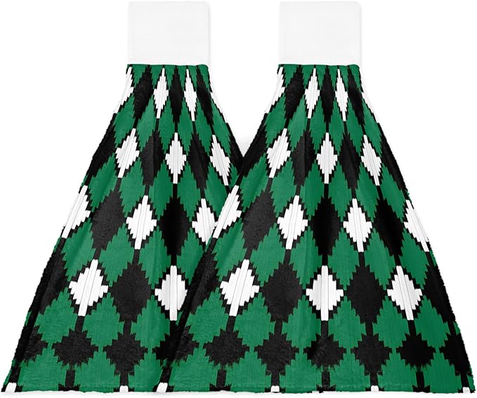 Alandar Home Kitchen Tie Towel Set of 2, Pastoral Style Rhombus Texture Absorbent Soft Hand Towels for Bathroom Hanging Towels, Green White and Black Fast Drying Cleaning Cloth with Loop