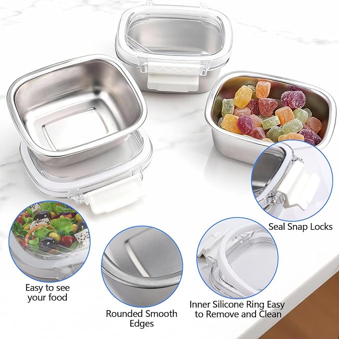 5 Piece Stainless Steel Containers with Lids, 8.5oz Food Storage Containers Leakproof Lunch Small Snack Boxes, Reusable Meal Prep Containers Suitable for Dips, Condiments, Snacks