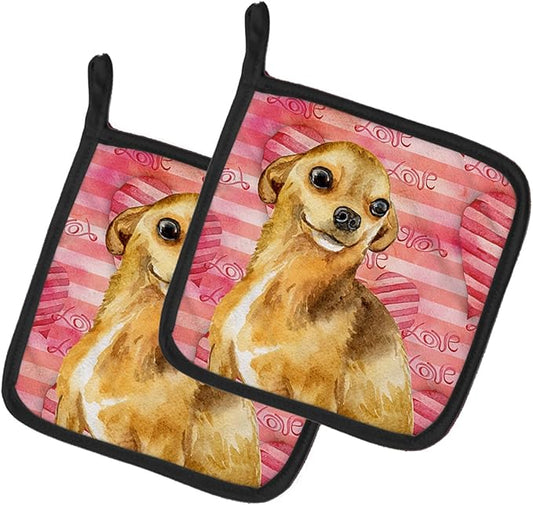 Caroline's Treasures BB9745PTHD Chihuahua Love Pair of Pot Holders, Red Kitchen Heat Resistant Pot Holders Sets Oven Hot Pads for Cooking Baking BBQ, 7 1/2 x 7 1/2