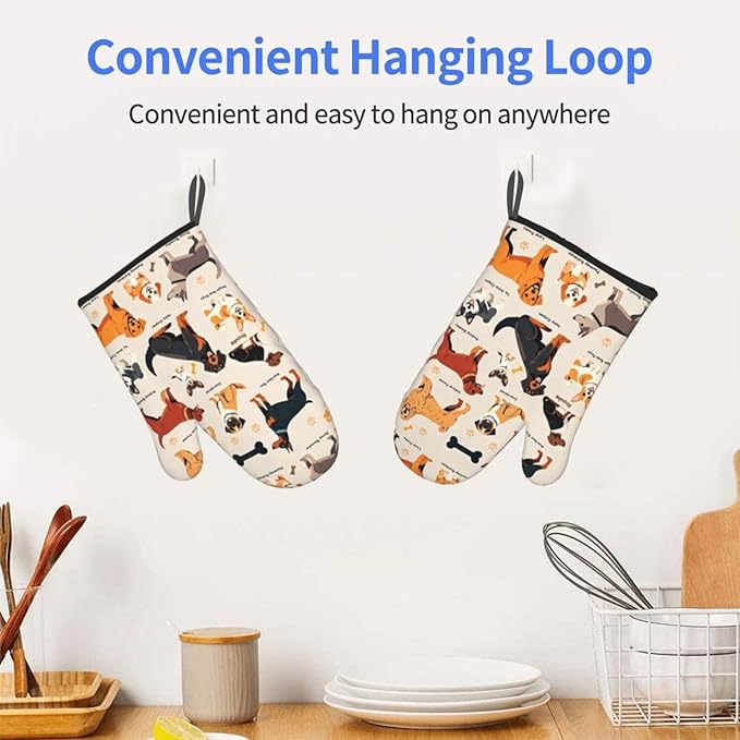 Dogs Design Oven Mitts of 2-Pack, Funny Kitchen Gloves Heat Resistant Non-Slip Kitchen Mitts Safe Cooking Baking Grilling
