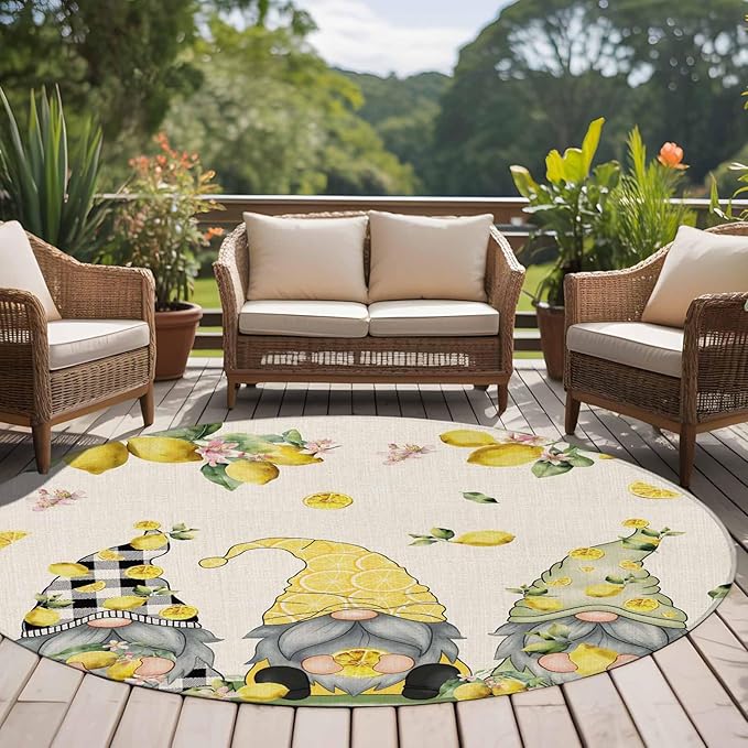 Washable Round Area Rug Summer Gnome with Lemon Circle Rugs Floor Carpet for Living Room Bedroom, Farmhouse Dwarf Fruit on Linen Soft Non Slip Round Rug 5ft