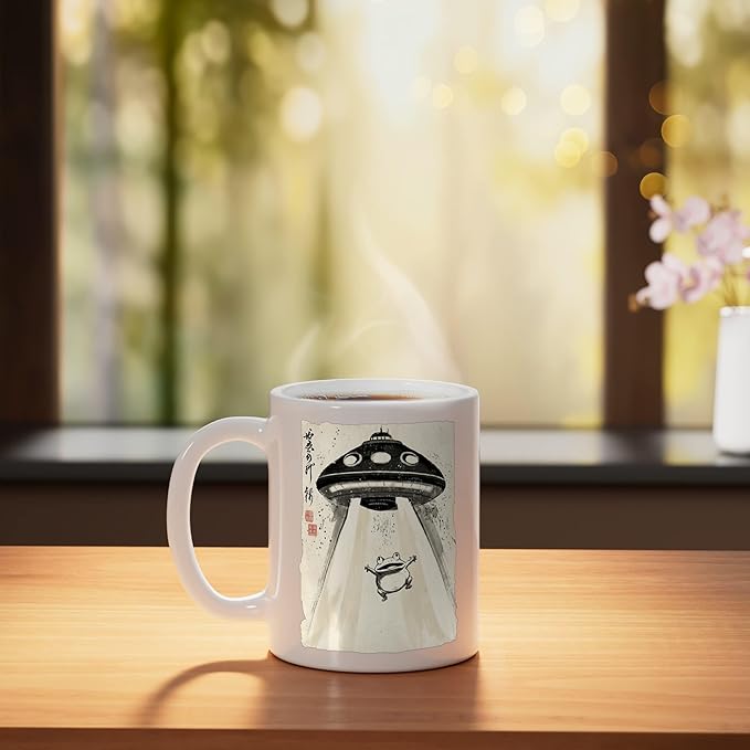 Ukiyo-e Style UFO Abducting Cute Frog Ink Art Painting Ceramic Mug, White