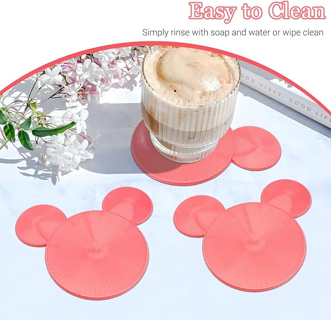 Funny Mouse Ears Coasters Non-Slip Pink Drink Coasters for Bars, Party, Office, Home Decor Tabletop Protection Birthday Wedding Housewarming Easter Gifts Ideas - Set of 4