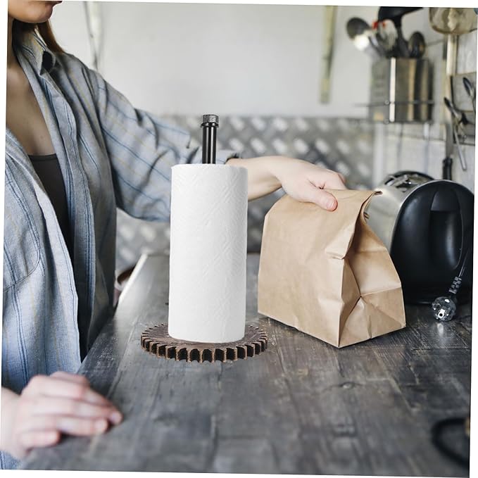 Rustic Industrial Pipe Paper Towel Holder Freestanding Black Metal Towel Stand for Kitchen Bathroom Vintage Design and Plastic Wrap Storage