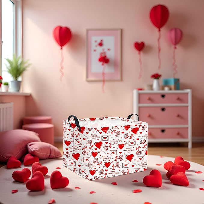 HIYAGON Rectangular Valentines Basket Fabric Storage Bin Storage Boxes Collapsible Storage Basket for Clothes Books Shelves Basket(Envelope Rose)