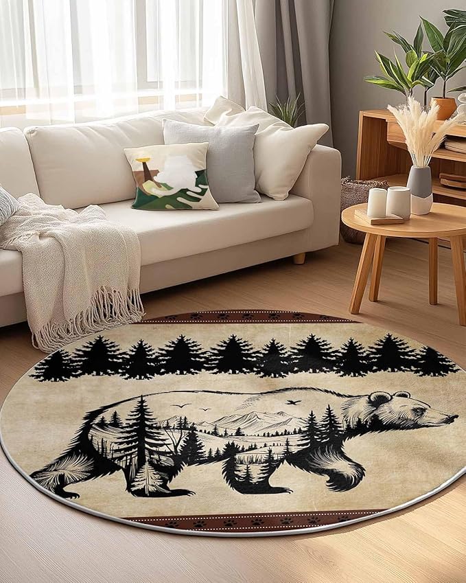 Round Area Rug,Bear Forest Mountains Animal Silhouette Circle Living Room Rug Non-Slip Rugs Indoor Carpet,Vintage Brown Gradient Soft Comfort Rugs for Bedroom KidsRoom Nursery