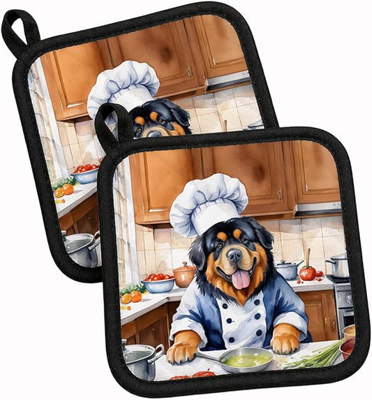 Caroline's Treasures Tibetan Mastiff The Chef Pair of Pot Holders Kitchen Heat Resistant Pot Holders Sets Oven Hot Pads for Cooking Baking BBQ, 7 1/2 x 7 1/2