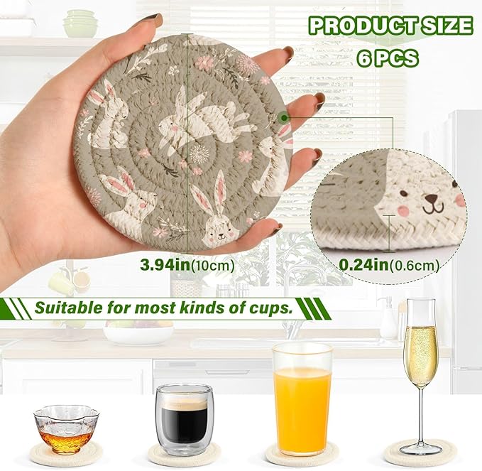 YETTASBIN Cute Bunny 6 Pcs Drink Coasters with Holder, Cotton Woven Absorbent Heat-Resistant Round Coaster Non-Slip Table Mat for Kitchen Bar Home Decor Housewarming Gift, 3.9 in