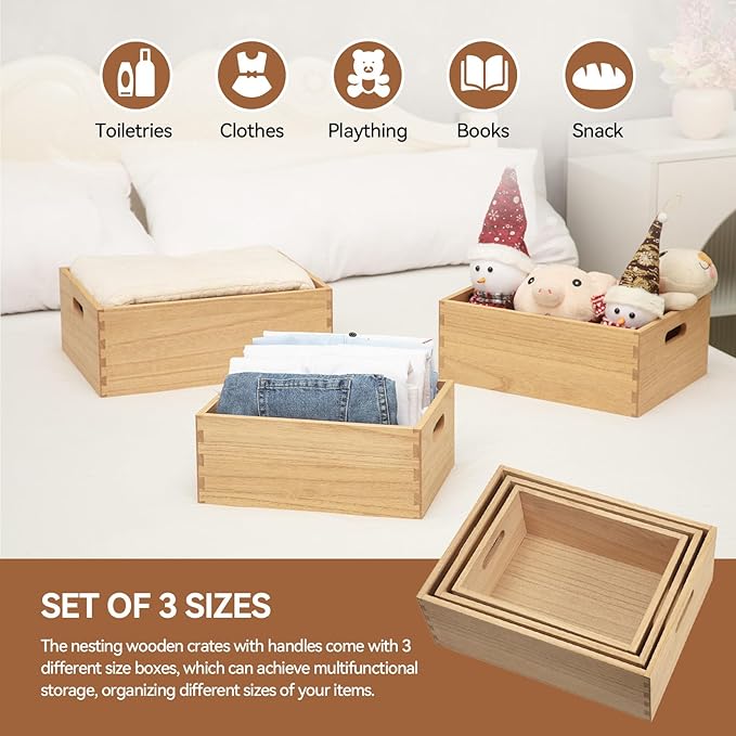 KIRIGEN Nesting Wood Crates with Handles Set of 3 - Farmhouse Decor Wooden Storage Containers/ Portable Rolling Tray Basket/ Crates Decorative Boxes Natural 3TH-NA