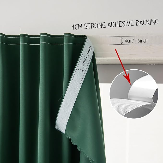 Blackout Curtains for Bedroom Sticky Curtain Blackout Window Cover Self Adhesive Curtains Rod No Drillng, 47" W X 96" L, Dark Green, 1 Panel