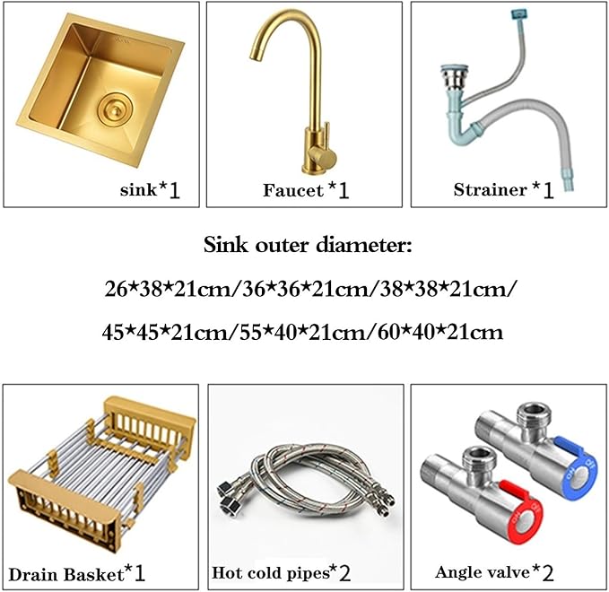 Single Bowl Space-Saving Mini Sink Compact Kitchen Sink Undermount Sink Gold Stainless Steel Restaurant Studio Sink Utility Sink for Small Areas Faucet Sink Combo (Gold 55 * 40cm)