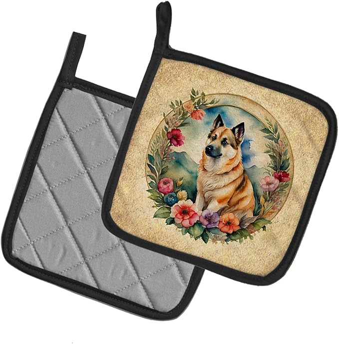 Caroline's Treasures Norwegian Buhund and Flowers Pair of Pot Holders Kitchen Heat Resistant Pot Holders Sets Oven Hot Pads for Cooking Baking BBQ, 7 1/2 x 7 1/2