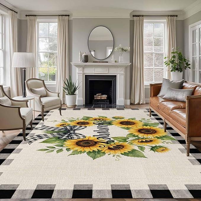 Area Rug 6x9ft, Summer Words Farm Sunflowers Washable Rugs for Living Room Bedroom, Butterflies Country Floral Soft Non-Slip Area Rugs Rectangle Floor Carpet for Dining Room