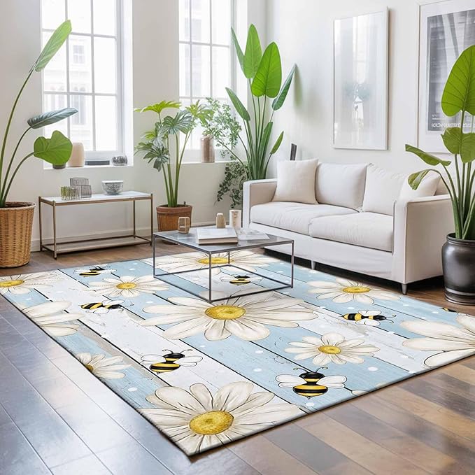 Area Rug 4x6ft, Watercolor White Daisy Floral Bee Washable Rugs for Living Room Bedroom, Rustic Light Blue Wood Plank Soft Non-Slip Area Rugs Rectangle Floor Carpet for Dining Room