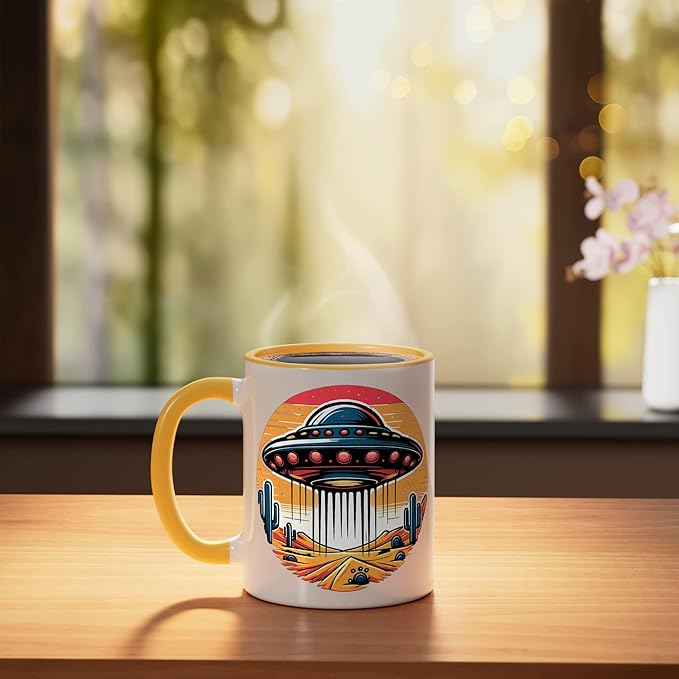 Retro UFO Desert Abduction Scene | Vintage Sci-Fi Ceramic Mug, Yellow/White