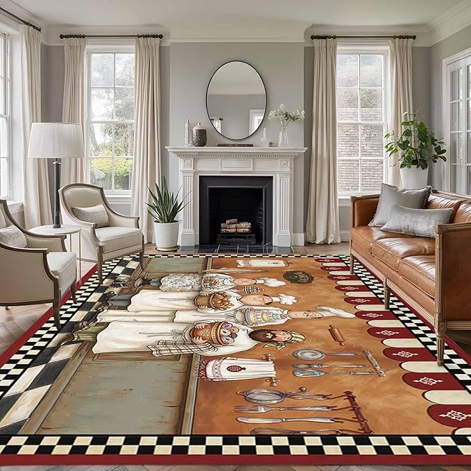 Area Rug 9x12ft, Farmhouse Cartoon Chef Washable Rugs for Living Room Bedroom Rectangle Floor Carpet, Cooking Theme Black White Checkered Soft Non-Slip Area Rugs for Dining Room