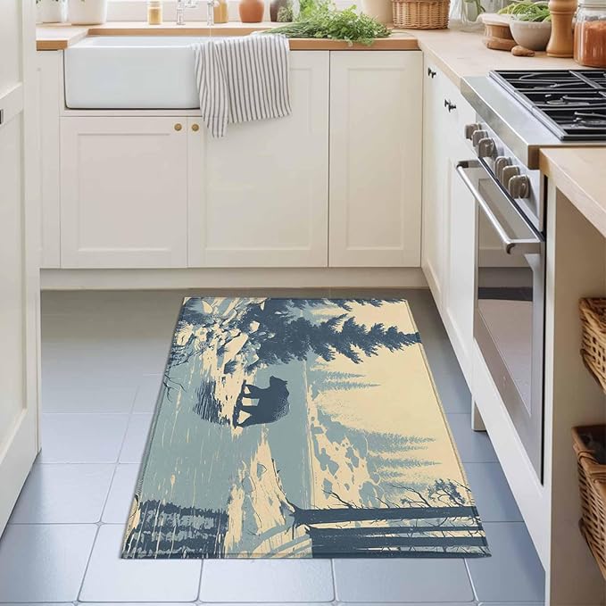 Area Rug 2x3ft, Winter Bear Evergreen Trees Washable Rugs for Living Room Bedroom, Rustic Snow River Soft Non-Slip Area Rugs Rectangle Floor Carpet for Dining Room