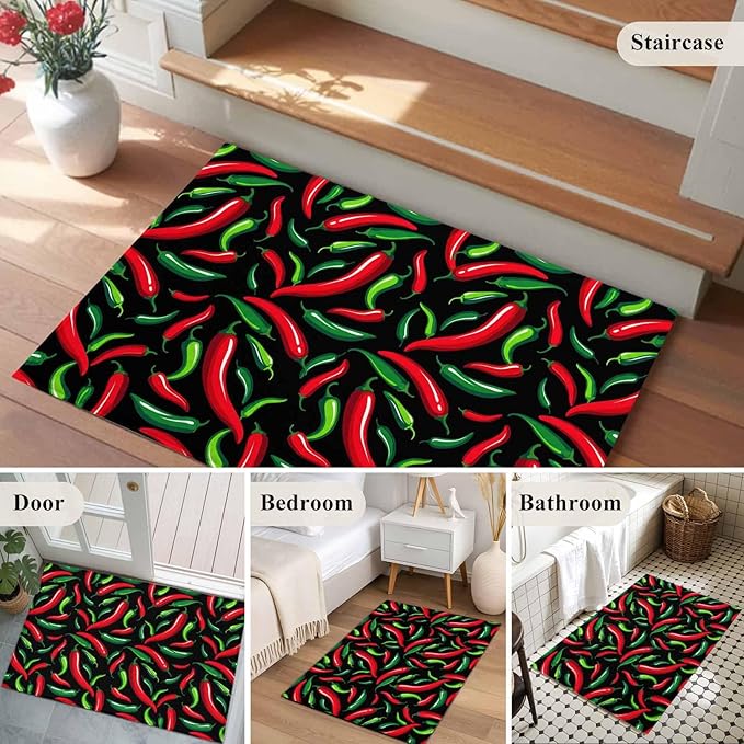 Area Rug 2x3ft, Spicy Chili Pepper Pattern Washable Rugs for Living Room Bedroom, Red Green Peppers on Black Soft Non-Slip Area Rugs Rectangle Floor Carpet for Dining Room