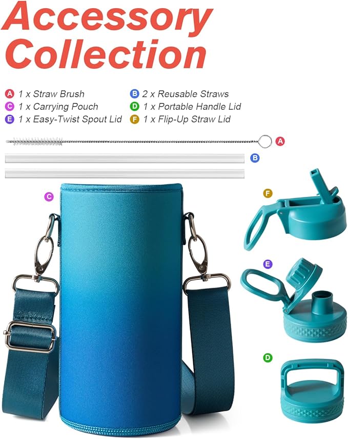 Coolflask Water Bottle 32 oz Insulated with Straw, Stainless Steel Metal 3 Lids Water Flask Wide Mouth for Sports or Office, Non-BPA Keep Cold Up to 48 Hrs or Hot Up to 24 Hrs, Indigo Blue