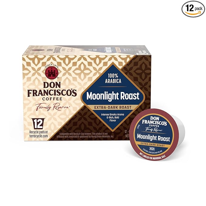 Don Francisco's Moonlight Roast Coffee Pods, 12 Count, Extra Dark Roast, Compatible with Keurig Brewers
