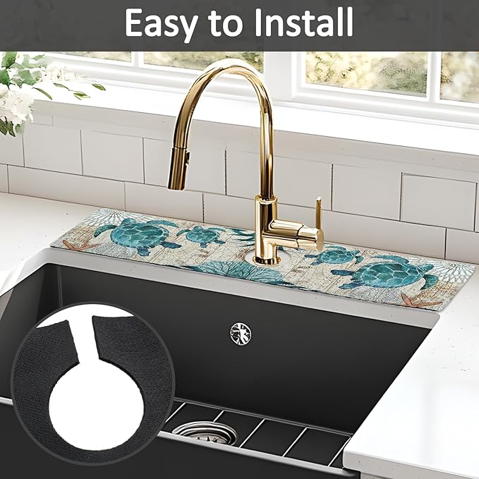 24" X 5.5" Kitchen Sink Splash Guard Faucet Mat Sea Turtles Super Absorbent Fast Drying Faucet Guard & Draining Mat Sink Splash Guard Behind Faucet for Kitchen, Bathroom