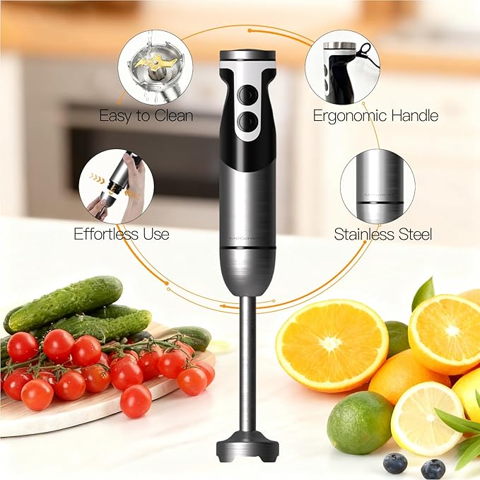 MegaWise Pro Titanium Reinforced 5-in-1 Immersion Hand Blender, Powerful 400W with 80% Sharper Blades, 12-Speed Corded Blender, Including 500ml Chopper, 600ml Beaker, Whisk and Milk Frother (Black)