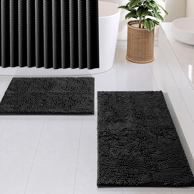 Clara Clark Black Shower Curtain Set with Rugs - Bathroom Sets with Shower Curtain and Rugs, Fabric Shower Curtains and 2 Bath Mats, Modern Bathroom Shower and Curtain Sets for Tub Or Stall