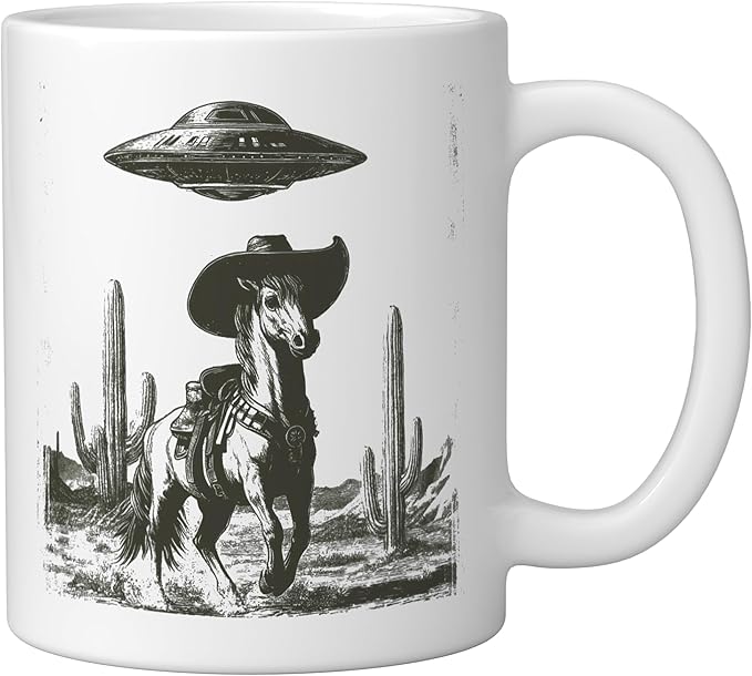 Funny Alien UFO Cowboy Horse Desert Cactus Western Graphic Ceramic Mug, White