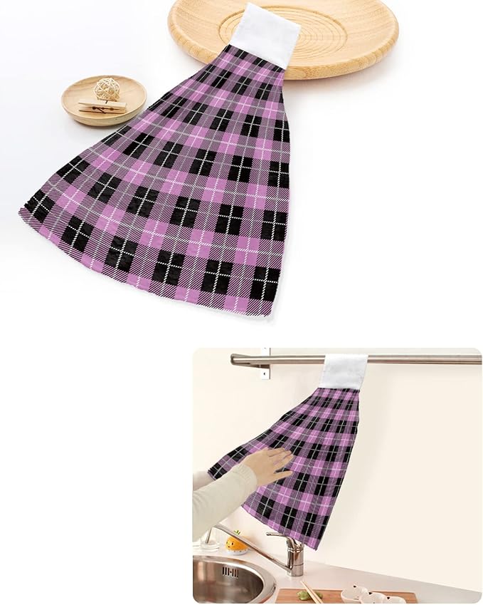 Alandar Home Kitchen Tie Towel Set of 1, Vintage Purple Black Tartan Plaid Absorbent Soft Hand Towels for Bathroom Hanging Towels, Retro Geometric Art Fast Drying Cleaning Cloth with Loop