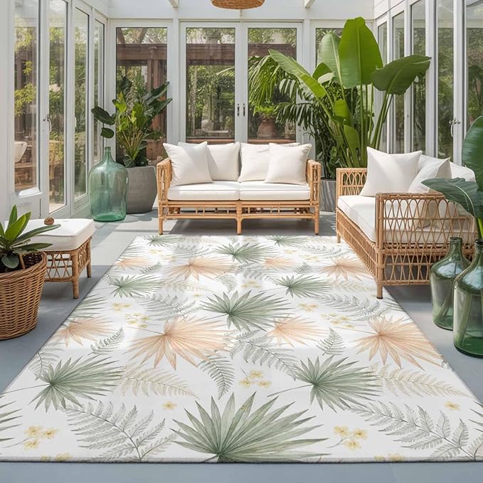 Area Rug 3x5ft, Boho Tropical Palm Washable Rugs for Living Room Bedroom, Watercolor Seamless Background Soft Non-Slip Area Rugs Rectangle Floor Carpet for Dining Room
