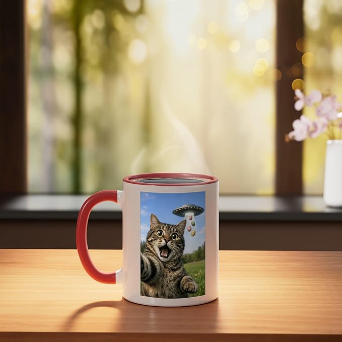 Funny Cat Selfie with Easter Eggs UFO for Men Women Kids Ceramic Mug, Red/White