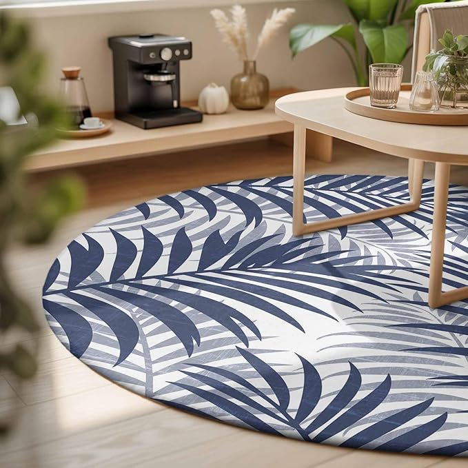Washable Round Area Rug Abstract Navy Blue Palms Leaves Circle Rugs Floor Carpet for Living Room Bedroom, Summer Botantical Soft Non Slip Round Rug 3ft