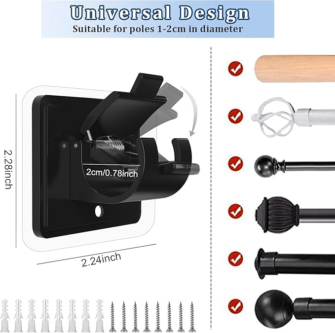 Codoule 2PCS No Drill Curtain Rod Brackets Drilling Self Adhesive Holder Hooks Nail Free Adjustable Hangers for Bathroom Kitchen Home and Hotel (2PCS Black)