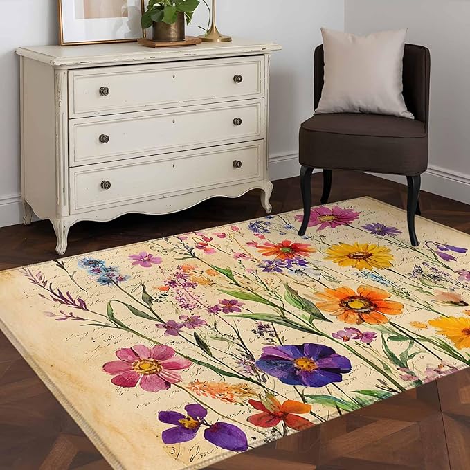 Area Rug 3x5ft, Farmhouse Colorful Small Flower Washable Rugs for Living Room Bedroom, Retro Backdrop Seamless Soft Non-Slip Area Rugs Rectangle Floor Carpet for Dining Room