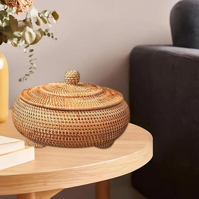 Round Rattan Box with Lid, 8.7x4 Inch Rattan Basket Hand-Woven Round Woven Basket Desktop Decorative Box for Home Farmhouse Kitchen..