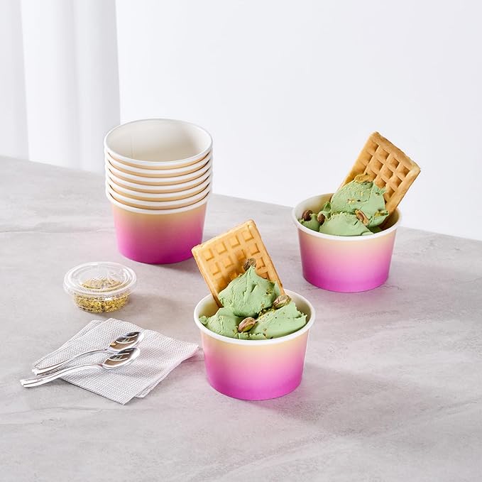 Restaurantware Paper Cups 200 Count 8 Ounce Square Disposable Ice Cream Containers, Leak-Resistant Paper Dessert To Go Cups, Hot And Cold Food, Durable Purple and Yellow Ombre Design