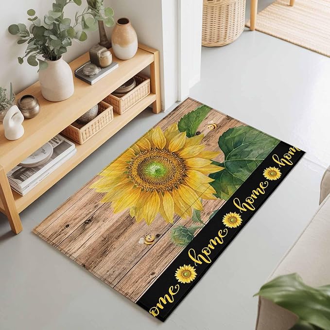 Area Rug 2x3ft, Summer Sunflowers Bees Washable Rugs for Living Room Bedroom, Farmhouse Wood Background Soft Non-Slip Area Rugs Rectangle Floor Carpet for Dining Room