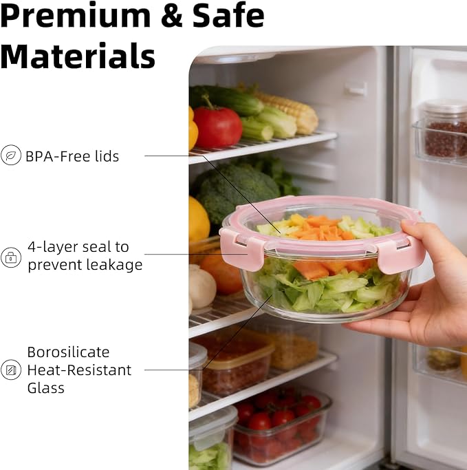 Konokyo Round Glass Food Storage Containers with Lids, 12 Pack Airtight Leakproof Meal Prep Containers, BPA-Free, Microwave Oven Freezer & Dishwasher Safe, Assorted Sizes